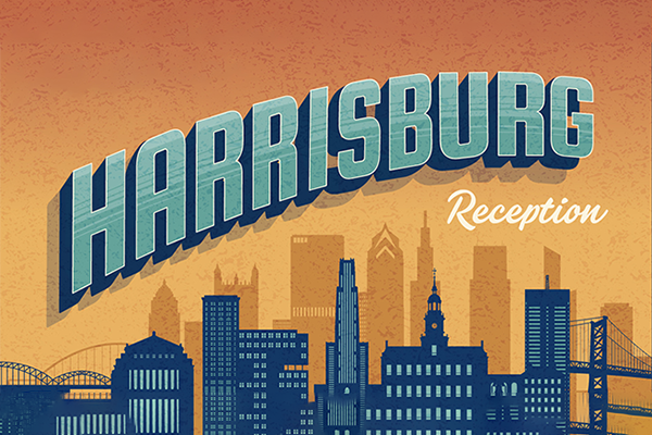 Harrisburg Reception graphic with buildings drawn in the background