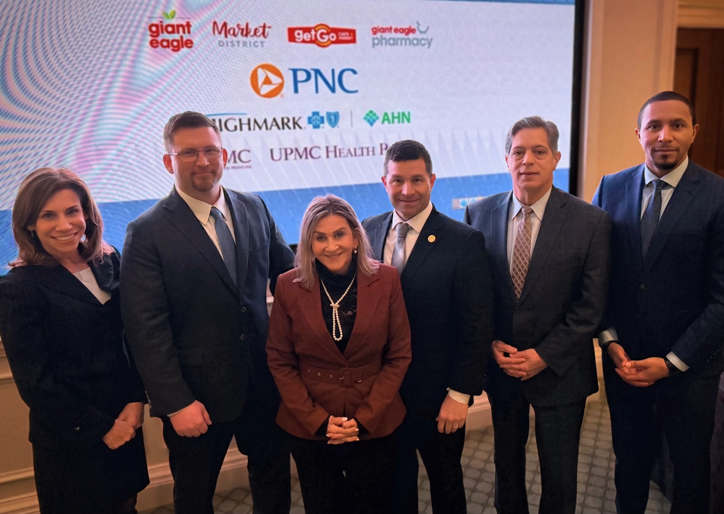 Allegheny Conference staff and state representatives pose for a photo after the Regional Growth Series event. Pictured from left to right: Stefani Pashman, CEO; Ben Bush, VP of Public Affairs; Senator Kim Ward; Representative Jim Struzzi; Senator Jay Costa; and Representative Aerion Abney.